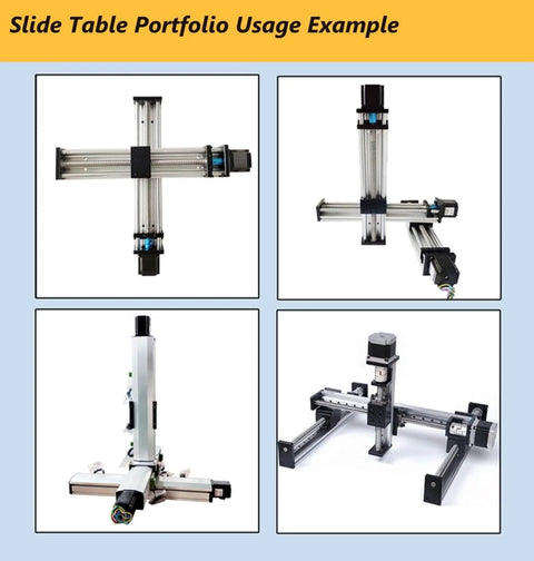 Four configurations of ball screw slide table CNC linear stage with SFU1605 & NEMA23 stepper motor for automation machines.