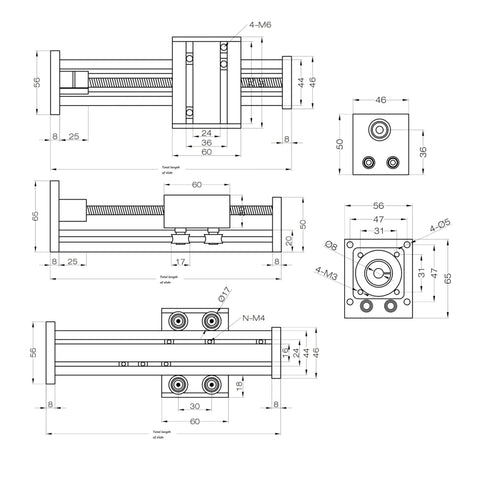 Technical drawing of Ball screw slide table CNC linear stage with SFU1605 & NEMA23 stepper motor, showing dimensions and specifications.