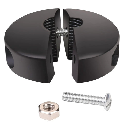 Ball Stopper For Three Eighths Inch ID Air Hose Reels, Adjustable Bumper For Auto Rewind Retractable Hose Reels, 14mm Hole, Fits 14mm Outer Diameter Hose, Screws Tight For Secure Fit, shown with screws and nut