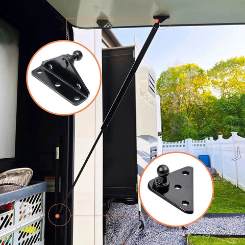 13mm Ball Stud Mounting Brackets With Two Angled L Type Mounts And Two Flat Type Mounts Plus Sixteen Screws For Lift O Mat Gas Spring Struts Shock Mounting Kits installed on RV door