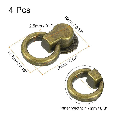 Ball Stud Rivet Set For Purses And Leather Crafting, Four Pieces With D Ring Connector shown with measurements