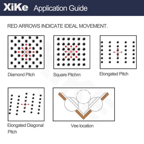 Diagram showing XiKe application guide for 8 Pack 1 Inch Ball Transfer Bearings with diamond, square, elongated, and vee pitch patterns.