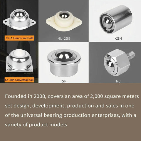 Various types of ball transfer bearings, including models CY-A, NL-25B, KSH, CY-38A, SP, NJ, showcasing universal applications.