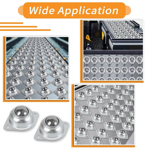 1 Inch Ball Transfer Bearings Set With 16 Pcs 360 Degree Rotation Universal Ball Rollers on conveyor and close-up view