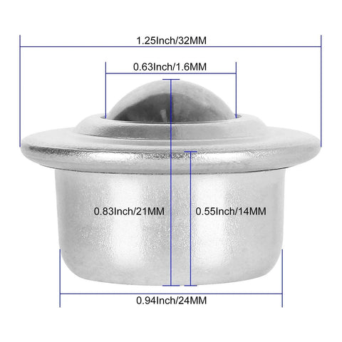 Side view of Sixteen Piece Five Eighth Inch Stainless Steel Ball Transfer Bearings Set With 360 Degree Rotation Universal Base Conveyor Rollers