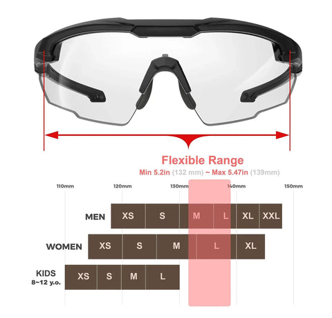 Clear Lens Ballistic Tactical Glasses ANSI Z87 Plus UV400 Anti Fog For Airsoft with size chart and flexible fit range shown