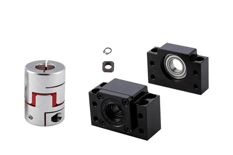 25mm Ballscrew Kit SFU2504 RM2504 Anti-Backlash Ball Screw components showing coupler, BK20/BF20 bearing supports.
