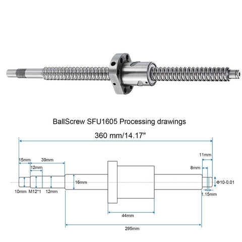 BallScrew SFU1605 (Dia 16mm, Lead 5mm, Length 360mm) with Ball Screw Nut Anti Backlash Ball Screw Kit Standard End Machining diagram