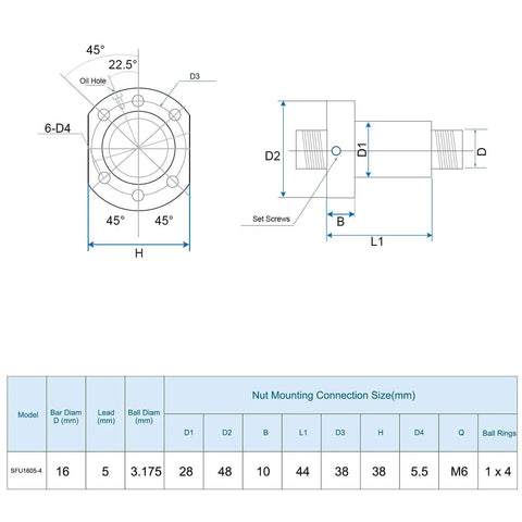 Technical drawing for BallScrew SFU1605 kit showing dimensions and nut mounting connection sizes for CNC systems.