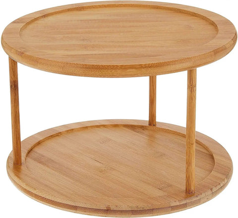 Eco Friendly Bamboo Wood Two Tier Turntable Ten Inch Diameter Kitchen Lazy Susan For Counter Or Cabinet Rotating Organizer