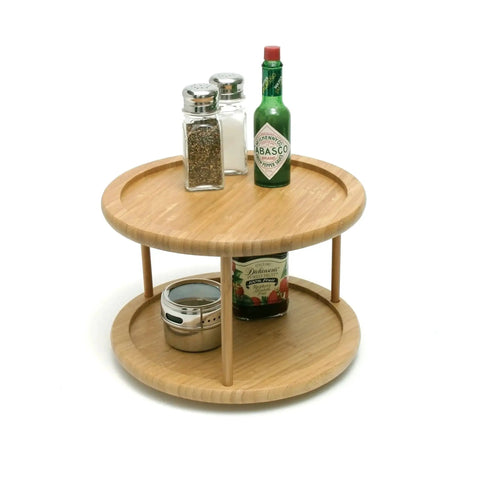 Eco Friendly Bamboo Wood Two Tier Turntable Ten Inch Diameter Kitchen Lazy Susan For Counter Or Cabinet Rotating Storage Organizer with spices