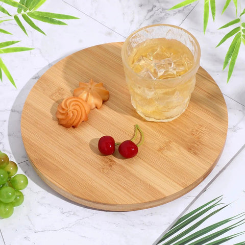 Set Of 4 Bamboo Lazy Susan Turntables For Cabinets And Tables Non Skid Revolving Condiment And Spice Rack Tray with food and drink