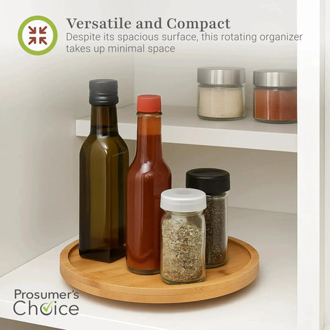 Bamboo Lazy Susan Turntable Organizer 10 By 10 Inch Revolving Condiments And Spices Rack with bottles on kitchen shelf