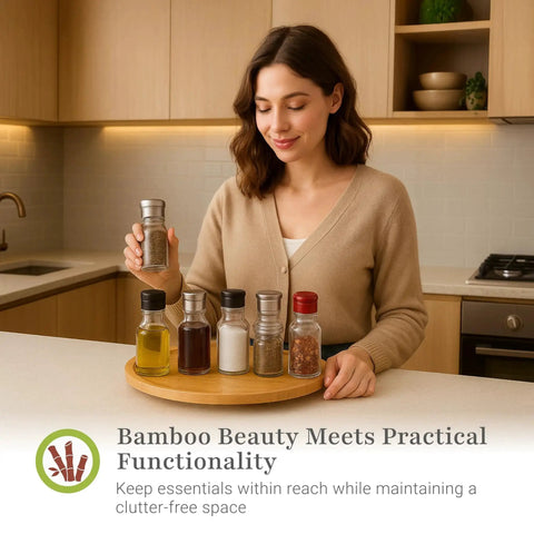 Bamboo Lazy Susan Turntable Organizer 10x10 Inch on kitchen counter with spices, featuring 360-degree rotation for easy access