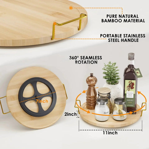 11 Inch Bamboo Lazy Susan Turntable Organizer With Gold Handle for kitchen and cabinet use, displaying spices and decor items in use.