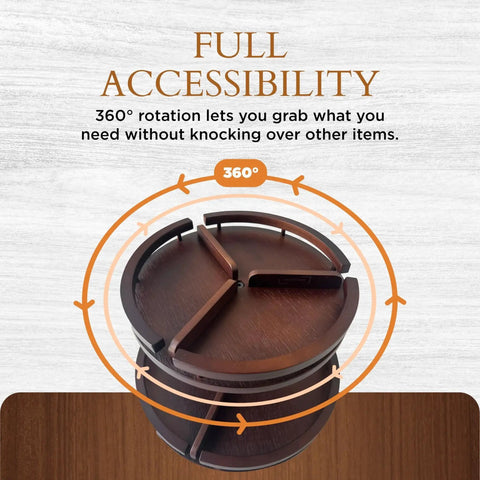 Two Tier Bamboo Lazy Susan Organizer With 12 Inch Turntable for cabinets, showcasing 360-degree rotation and removable dividers.