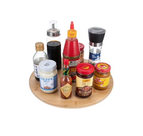 Bamboo Lazy Susan Turntable 13 Inch for Pantry Cabinets and Dining Tables with condiments, eco-friendly organizer, 360-degree rotation