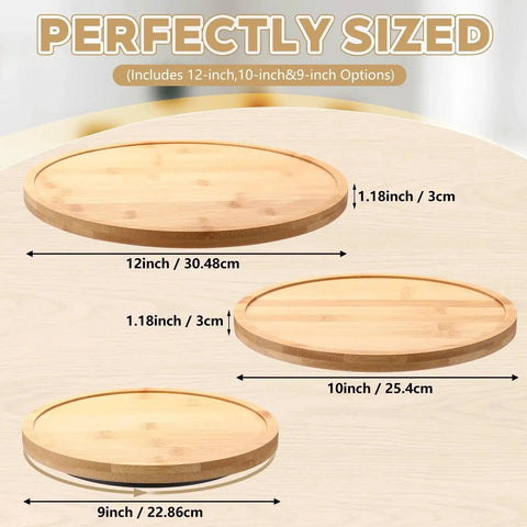 Bamboo Lazy Susan 3 Piece Set With 9 Inch 10 Inch And 12 Inch Rotating Turntables for kitchen pantry organizer size details