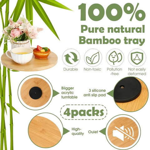 Set Of 4 Bamboo Lazy Susan Turntables For Cabinets And Tables Non Skid Revolving Condiment And Spice Rack with flower tray
