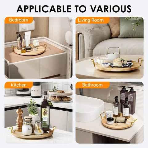 11 Inch Bamboo Lazy Susan Turntable Organizer With Gold Handle For Tabletop And Cabinet Use in various home settings