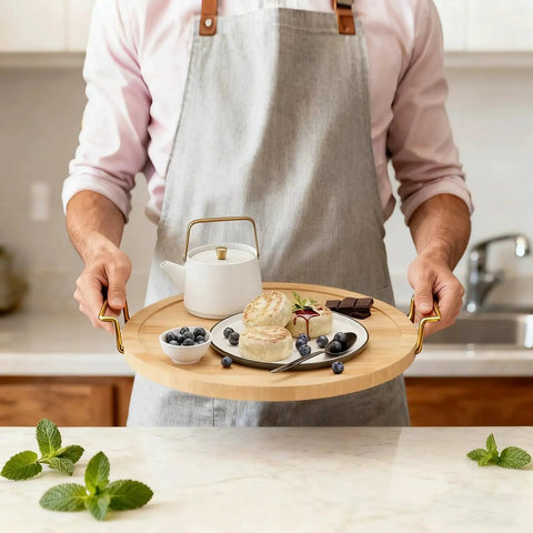 Person holding 11 Inch Bamboo Lazy Susan Turntable Organizer with Gold Handle for tabletop use, featuring food and drink setup.