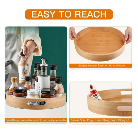 Lazy Susan Organizer 14 inch, Bamboo Lazy Susan for Table with double handles and raised edge for easy access to spices.
