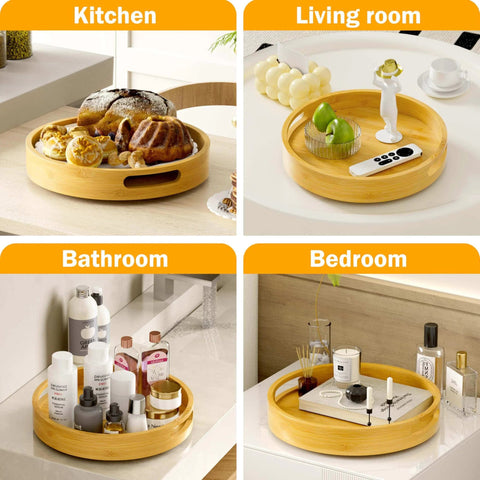 12 inch bamboo lazy susan organizer with handles, non skid rotating spice rack designed for kitchen cabinets and countertops, shown in kitchen, living room, bathroom, and bedroom.