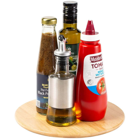 10 inch bamboo wood lazy susan organizer designed for cabinets and countertops featuring condiments on a rotating spice rack turntable.