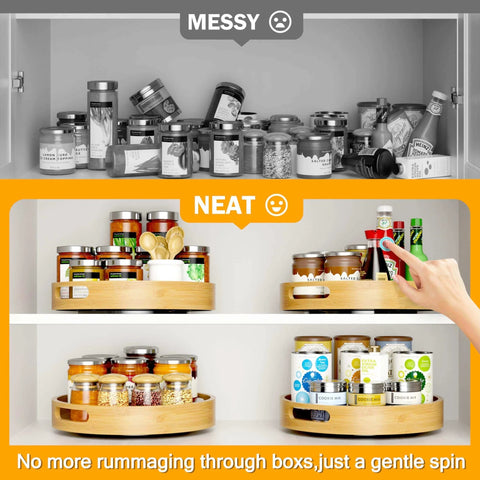 Comparison of a messy cabinet with jars and a neat kitchen setup featuring a 12 inch bamboo lazy susan organizer with handles.