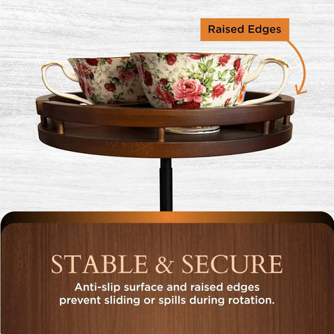 Two Tier Bamboo Lazy Susan Organizer With 12 Inch Turntable displaying two floral teacups, raised edges prevent sliding