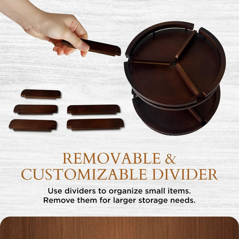 Two Tier Bamboo Lazy Susan Organizer With 12 Inch Turntable featuring removable dividers and customizable storage.