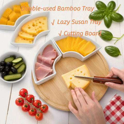 Divided Serving Dish Lazy Susan With 360 Degree Rotating Porcelain Tray On Bamboo Base, showcasing cheese and meats.