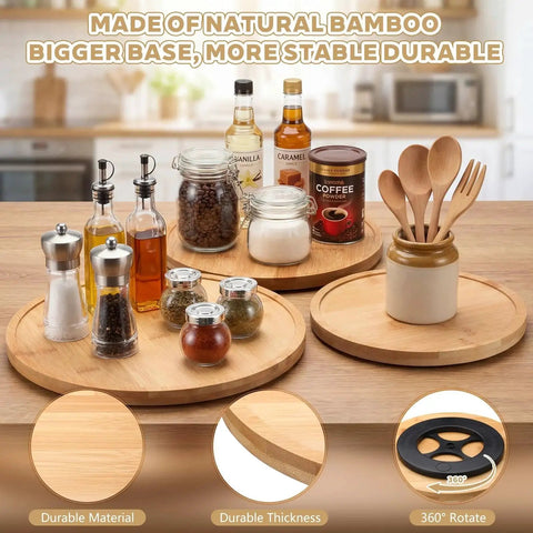 Bamboo Lazy Susan 3 Piece Set With 9 Inch 10 Inch And 12 Inch Rotating Turntables For Kitchen Counter Pantry Organizer