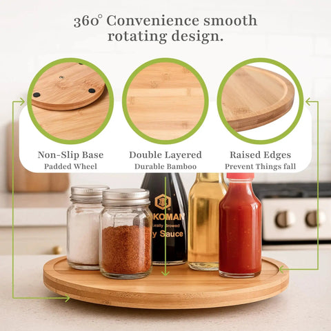 Bamboo Lazy Susan Turntable Organizer 10 by 10 inch revolving condiments and spices rack with non-slip base and raised edges.