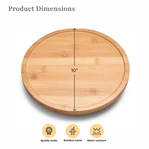Bamboo Lazy Susan Turntable Organizer 10 by 10 inch revolving condiments and spices rack shown with product dimensions and features icons.