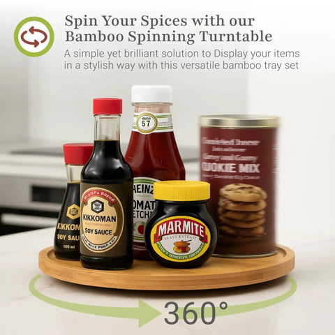 Bamboo Lazy Susan Turntable Organizer 10 By 10 Inch Revolving Condiments And Spices Rack on kitchen countertop