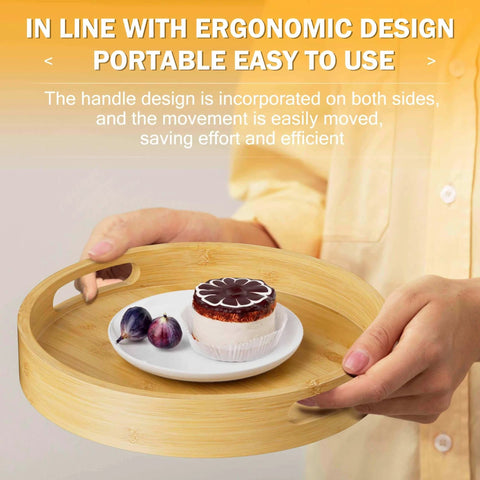 Hand holding a 12 inch bamboo lazy susan organizer with handles, showcasing its ergonomic design and portable use.