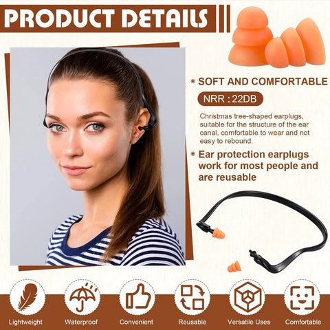 Woman wearing 24 Pack Banded Ear Plugs For Shooting Range And Noise Reduction, Silicone Reusable Ear Protection Plugs.