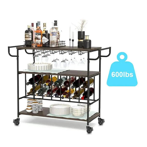Bar cart with wine bottles and glasses, supported by Three Eighths Inch 16 UNC Threaded Stem Locking Swivel Caster Set Of Four.