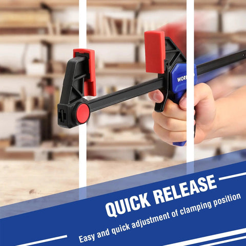 Close-up of a 6 Inch Light Duty Bar Clamps for Woodworking, showing quick release feature, 150 lbs power by WORKPRO.
