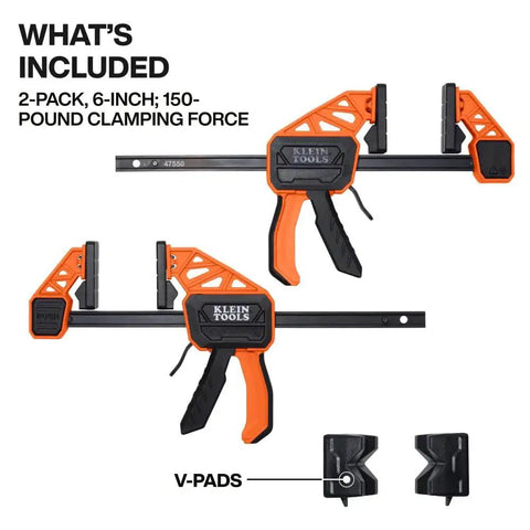 Speed Klamp 6 Inch Bar Clamp Set Two Pack With One Handed Operation And 150 Pound Clamping Power by Klein Tools displayed.