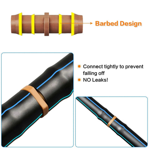 Close-up of 25 Pack 1/2 Inch Drip Irrigation Barbed Couplings For 0.600 Inch ID Tubing, showing barbed design and secure fittings.
