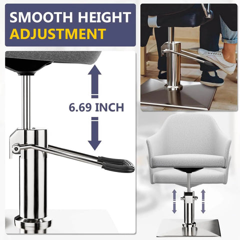 Barber Chair Replacement Hydraulic Pump - 6.7 IN Adjustable Height, chrome finish, shown installed on salon chair, smooth adjustment feature