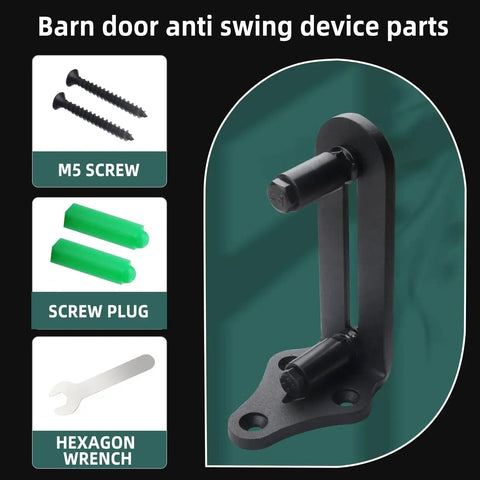 Barn Sliding Door Floor Fixed Rails With Adjustable Stay Roller And Double Wheel Clamping, anti swing component, and tools.
