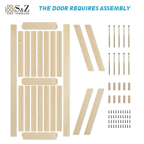 60in x 84in Unfinished British Brace Knotty Barn Door with 10FT J Shape Sliding Hardware Kit in parts layout view.