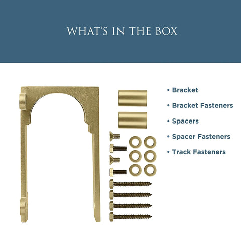 Interior Sliding Barn Door Bypass Bracket Set For Two Single Doors, Space-Saving Hardware includes bracket, fasteners, spacers.
