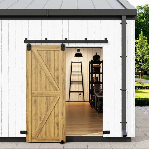 7 Foot Box Rail Barn Door Hardware Kit For Exterior And Interior Doors Sliding Heavy Duty Wall Mount Kit installed on white wall