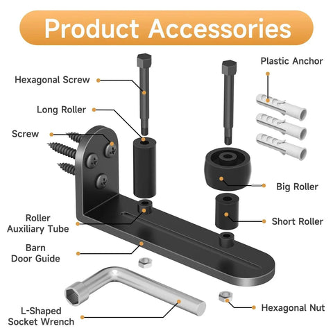 Sliding Barn Door Floor Guide With Adjustable Rollers And Hardware, Flush Flat Bottom Design With Rounded Edge, Assembly Kit