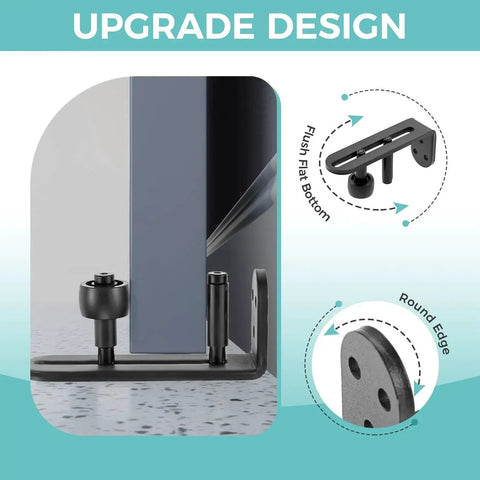 4 Pack Sliding Barn Door Floor Guides With Adjustable Rollers Flush Flat Bottom Design Solid Steel Construction Matte Black Finish Rust Resistant And Durable Hardware For Quiet Smooth Door Operation And Safe Tracking, shown in close-up view.