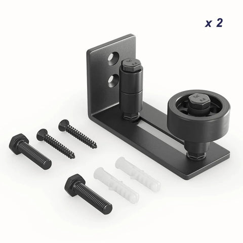 Sliding barn door floor guide with adjustable bottom rollers, black, solid steel and POM nylon, shown with installation screws, 2PCS